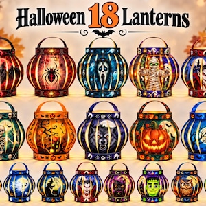 May include: A collection of 18 round Halloween lanterns with handles, featuring colourful illustrations of bats, spiders, ghosts, mummies, vampires, skeletons, pumpkins, werewolves, witches, cats, and monsters, with the text Halloween 18 Lanterns.