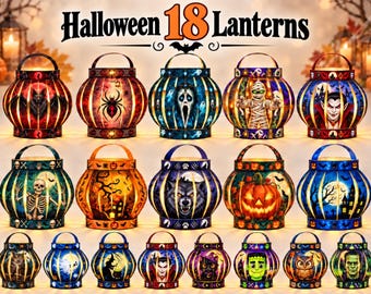 May include: A collection of 18 round Halloween lanterns with handles, featuring colorful illustrations of bats, spiders, ghosts, mummies, vampires, skeletons, pumpkins, werewolves, witches, cats, and monsters, with the text Halloween 18 Lanterns.
