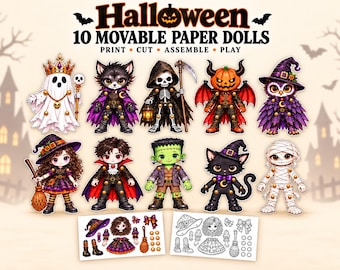 May include: A set of 10 Halloween movable paper dolls featuring characters like a ghost, cat, skeleton, pumpkin creature, owl, witch, vampire, monster, and mummy. The image includes text reading Halloween 10 Movable Paper Dolls Print Cut Assemble Play.