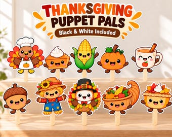 Thanksgiving Stick Puppets Printable, 10 Harvest Characters, Turkey Paper Craft, Coloring Activity, Classroom Decor, Preschool & Homeschool