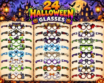 May include: A collection of 24 Halloween-themed party glasses featuring various designs including owls, ghosts, pumpkins, bats, mummies, and monsters. The set is displayed on a parchment-style background with the text 24 HALLOWEEN GLASSES at the top.