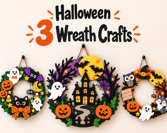 May include: Three circular Halloween wreaths featuring felt cutouts of ghosts, pumpkins, bats, a black cat, an owl, and a haunted house. The text "3 Halloween Wreath Crafts" is displayed in black and orange above the hanging decorations.