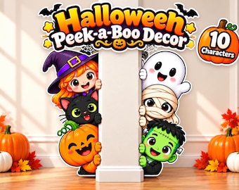 May include: A Halloween Peek-a-Boo Decor sign featuring 10 characters including a witch, black cat, pumpkin, ghost, mummy, and Frankenstein monster. The colorful graphic display shows these figures peeking from behind a central white pillar.