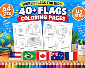 May include: A digital coloring book set titled World Flags for Kids featuring 40+ flags on A4 and US Letter pages. The pages display black and white line art of national flags including Morocco, South Africa, Canada, USA, Australia, Brazil, France, and China.