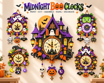 May include: A collection of five decorative wall clocks featuring Halloween themes including a haunted house, ghosts, pumpkins, bats, and skeletons. The text at the top reads Midnight Boo Clocks, Print, Cut, Assemble, Hang, Decorate.