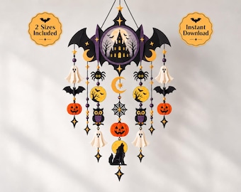 May include: A decorative Halloween wall hanging featuring a central haunted house illustration, surrounded by dangling elements including ghosts, pumpkins, owls, spiders, bats, and a howling wolf. The design incorporates black, orange, and purple colors.