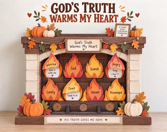 May include: A decorative fireplace display featuring the text GOD'S TRUTH WARMS MY HEART. It includes eight flame-shaped cutouts with words like Worried, Sad, Scared, Angry, Lonely, Tired, Unsure, and Discouraged, plus pumpkins and autumn leaves.