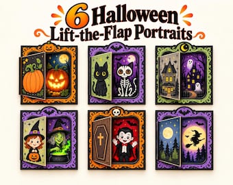 May include: Six Halloween lift-the-flap portraits featuring decorative frames. The images show a pumpkin, a black cat, a haunted house, a witch, a vampire in a coffin, and a witch on a broomstick. Each portrait has a hinged flap revealing a scene.