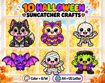 May include: A set of 10 Halloween suncatcher crafts featuring cartoon characters including a wolf, owl, skeleton, bat, mummy, and Frankenstein's monster. The designs have a stained glass appearance with vibrant colors and black outlines.