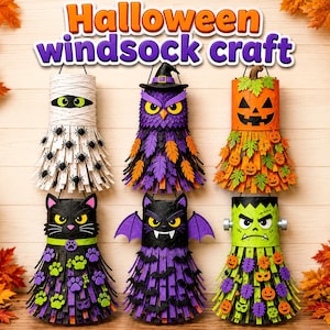 May include: Six Halloween windsocks featuring a mummy, an owl in a witch hat, a jack-o'-lantern, a black cat, a bat, and a Frankenstein monster. Each hanging craft has a cylindrical top and dangling streamers decorated with themed cutouts.