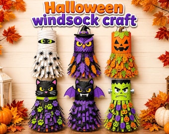 May include: Six Halloween windsocks featuring a mummy, an owl in a witch hat, a jack-o'-lantern, a black cat, a bat, and a Frankenstein monster. Each hanging craft has a cylindrical top and dangling streamers decorated with themed cutouts.