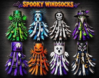 May include: Eight decorative windsocks labeled SPOOKY WINDSOCKS, featuring diverse designs including a green tentacled creature, a blue ghost, a skeleton, a plague doctor, a purple haunted house, an orange jack-o'-lantern, a crowned ghost, and a black cat.