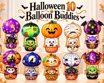 May include: A set of 10 Halloween Balloon Buddies featuring cartoon characters in hot air balloon baskets. Characters include a cat, Frankenstein, ghost, mummy, bat, owl, wolf, scarecrow, spider, and dragon. Text reads Halloween 10 Balloon Buddies.