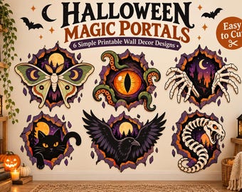 May include: A set of six printable wall decor designs titled Halloween Magic Portals. The graphics feature a moth, a reptilian eye with tentacles, skeletal hands, a black cat, a raven, and a snake skeleton, all emerging from jagged portals.