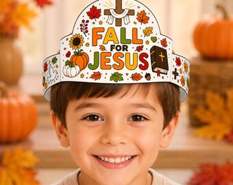 May include: A paper crown featuring the text FALL FOR JESUS in colorful letters. The design includes illustrations of a brown cross with a white cloth, a brown Bible, orange and white pumpkins, a sunflower, a white dove, and various autumn leaves.