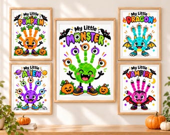 May include: Five framed wall art prints featuring handprint-style monster illustrations. The central print says My Little Monster, surrounded by My Little Pumpkin, My Little Dragon, My Little Alien, and My Little Vampire, each with colorful characters.