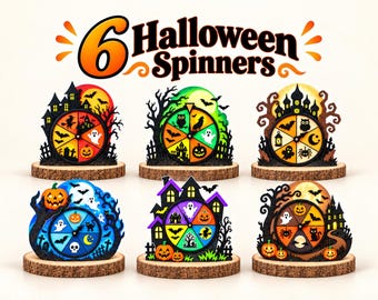 May include: Six decorative Halloween spinners featuring colorful circular game boards with icons like ghosts, pumpkins, bats, and haunted houses. Each spinner is mounted on a circular wooden base and displays the text 6 Halloween Spinners.