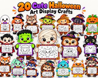 May include: A collection of 20 colorful Halloween-themed character illustrations, each holding a white sign with a black and white line art drawing. The characters include a ghost, vampire, mummy, pumpkin, and various animals in costumes.
