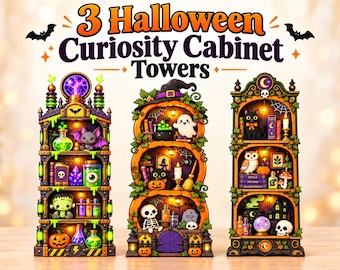 May include: Three Halloween curiosity cabinet towers featuring the text 3 Halloween Curiosity Cabinet Towers. The structures display shelves filled with miniature items including a purple crystal ball, a bat, a ghost, a skeleton, a black cat, and an owl.