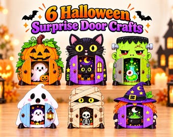 May include: Six Halloween-themed decorative door crafts featuring a pumpkin, black cat, Frankenstein monster, ghost, mummy, and witch. Each piece has opening doors revealing a small character or scene inside, including a ghost, cat, potion, and cauldron.
