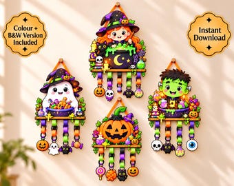May include: Four hanging Halloween wall decorations featuring a witch, a ghost, a pumpkin, and a Frankenstein-style character. Each piece includes a shelf with charms hanging from colorful loops. Text reads: Colour + B&W Version Included, Instant Download.