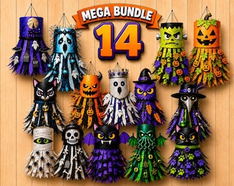May include: A collection of 14 hanging Halloween decorations featuring various characters including a black cat, pumpkin, ghost, owl, mummy, skeleton, and plague doctor. Each piece has a cylindrical top and dangling fringe elements.