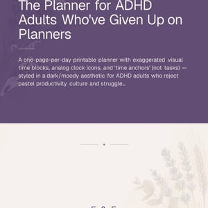 Könnte beinhalten: Ein digitales Produktcover für The Planner for ADHD Adults Who've Given Up on Planners von Fly & Froth Studio. Das Design zeigt einen dunkelvioletten oberen Bereich mit weißem Text und einen hellbeigen unteren Bereich mit Illustrationen.