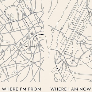 Expat Gift Custom Dual City Map Print | Where I'm From Where I Am Now | Minimalist Line Art Two Cities Personalised Poster PDF