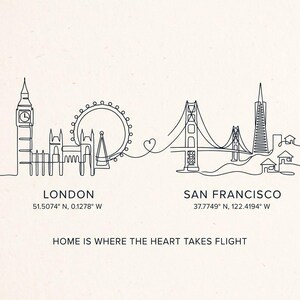 Dual City Expat Print | Two Cities Minimalist Line Poster | Hometown and New City Wall Art | Long Distance Gift Digital Download