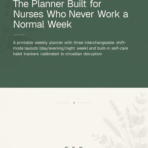 Könnte beinhalten: Ein dunkelgrünes und cremefarbenes digitales Planer-Cover mit dem Text: Fly & Froth Studio, The Planner Built for Nurses Who Never Work a Normal Week, ein druckbarer Wochenplaner mit drei austauschbaren Schicht-Layouts und Gewohnheits-Trackern.