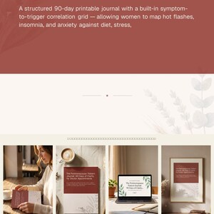 Könnte beinhalten: Ein 90-Tage-Journal zum Ausdrucken mit dem Titel The Perimenopause Pattern Journal: 90 Days of Clarity for Doctor Appointments. Das Journal hat einen dunkelroten Einband mit weißem Text und einer Blattillustration, dargestellt auf einem Laptop-Bildschirm und als gerahmter Druck.