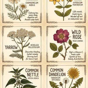 Könnte beinhalten: Ein botanischer Druck mit sechs illustrierten Feldern von Kräutern: Echte Kamille, Johanniskraut, Schafgarbe, Hunds-Rose, Große Brennnessel und Löwenzahn. Jeder Abschnitt enthält den Pflanzennamen, den wissenschaftlichen Namen und beschreibenden Text.