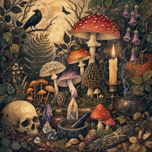 May include: A detailed illustration featuring a human skull, various mushrooms including a large red-capped one, a lit candle in a brass holder, a smoking cauldron, crystals, a mortar and pestle, and a black crow perched on a branch under a full moon.