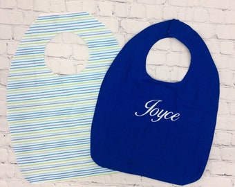 Cotton Washable Adult Bib, Monogrammed Bib, Personalized Special Needs Bib, Blue Striped Clothing Protector, Gift for Grandpa Dad Father