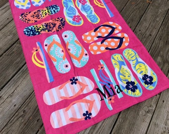 Flipflops Personalized Beach Towel Gift for Girl Monogrammed Towel Graduation Gift Summer Beach Towel Bridesmaids Gifts Personalized Gift