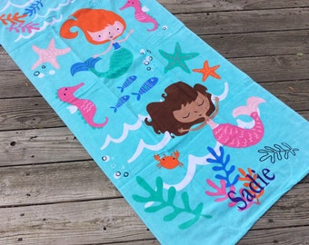 Mermaid Beach Towel - Personalized Gift for Girl, Nautical Monogrammed Birthday Gift, Sea Nymph Bath Decor, Cruise Ocean Vacation Biracial