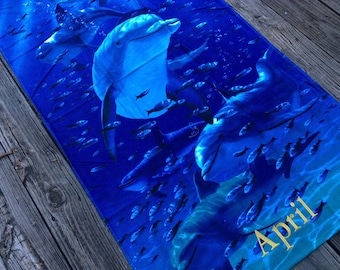 Dolphin Personalized Beach Towel, Nautical Decor for an Ocean Bathroom, Vacation Pool Party Birthday Gift, Monogrammed Gift for Him or Her