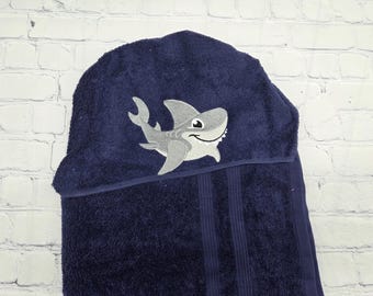Shark Hooded Towel, Nautical Baby Shower Gift, Shark Birthday, Monogrammed Cotton Towel, Washable Reusable, Personalized Bath Wrap