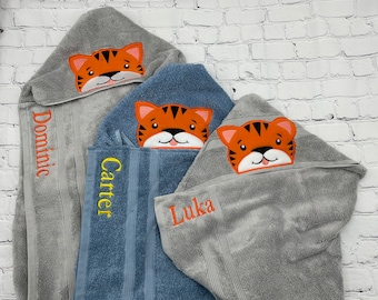 Tijger gepersonaliseerde handdoek met capuchon, jungle decor, gepersonaliseerde kinderhanddoek met capuchon, jungle verjaardagscadeau, tijger strandlaken, verjaardagscadeau kinderen