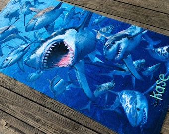 Shark Personalized Beach Towel, Nautical Decor for an Ocean Bathroom, Vacation Pool Party Birthday Gift for boy,  Monogrammed Gift under 35