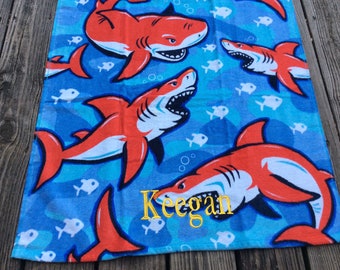 Tiger Shark Personalized Beach Towel, Kids Shark Towel, Bathroom, Nautical Birthday Decor, Lake Beach Gift, Ocean Pool Party for boy