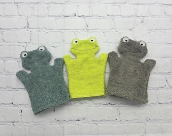 Set of 3 Frog Bath Mitts, Ready to Ship Bath Shower Glove, Bath Mitt Frog Birthday Baby Shower Gift, Lizard Toad Reusable Washcloth Puppet