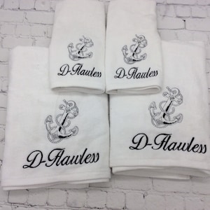 Anchor Personalized Hand Towel, Monogrammed Boat Towel, Destination Wedding Cotton Anniversary Gift, Deck Towel, Yacht Decor, Nautical Bath