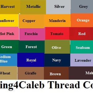 May include: A thread colour chart displaying a range of hues, such as white, pink, green, blue, and brown. Each colour is labelled. The text "Crafting4Caleb Thread Colour Key" is at the bottom.