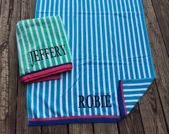 XL Stripe Plush Personalized Beach Towel, Nautical Decor for an Ocean Bathroom Vacation Pool Party Birthday Gift Cotton Monogrammed Under 30