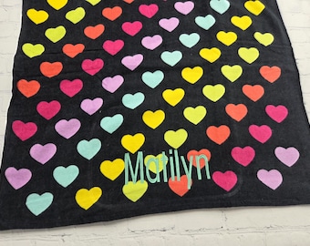 Heart Personalized Beach Towel, Kids Towel, Bathroom, Monogrammed Birthday Gift, Lake Beach Gift, Graduation Gift, Rainbow