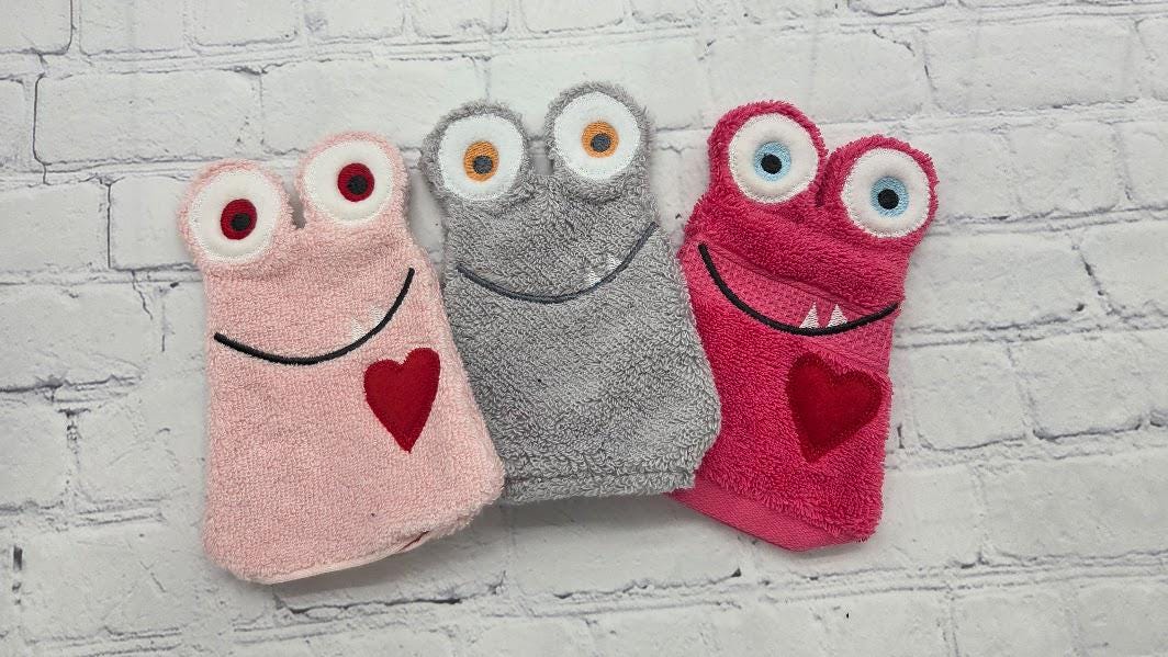 Kids Bath Mitts Set of 3 Ready to Ship Bath Glove, Bath Mitt Monster Birthday, Monster Baby Shower Gift, Shower Glove Kids Washcloth Cotton