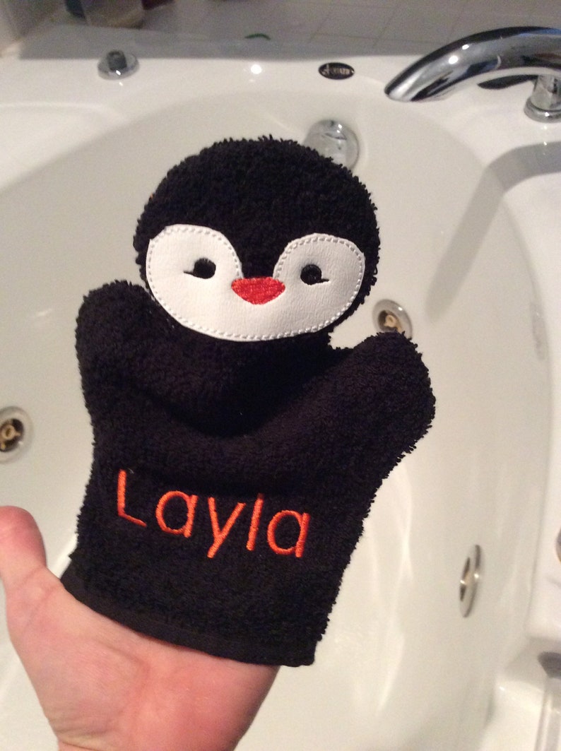 Kids Penguin Bath Mitt Personalized Washcloth Monogrammed Etsy UK