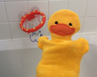 Kids  Duck Bath Mitt, Personalized Washcloth, Monogrammed Baby Shower Gift, Birthday Spa Favor, Cotton Bath Glove, Personalized Toddler Gift