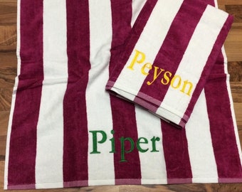 Magenta PLUSH Striped Personalized Beach Towel, Monogrammed Towel, Pool Party Favor, Bridesmaids Gift, Graduation GIft, Wedding Party Favor